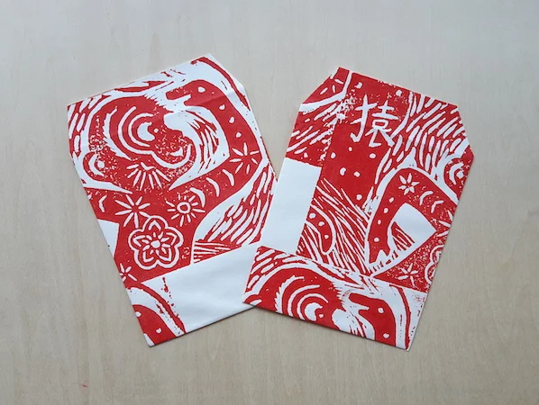 Linocut 'ang pow' or 'hong bao' packets - money in anyone's dialect! 
