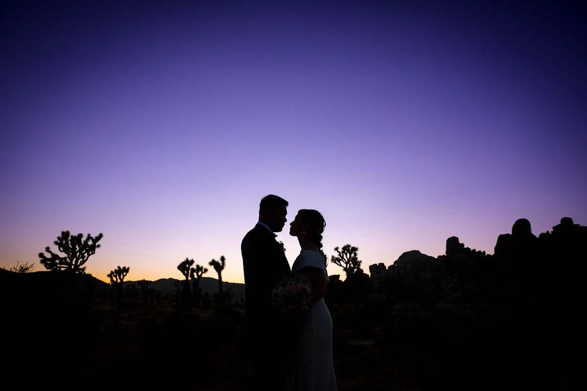 ジョシュアツリーのウェディング撮影で日没後の空を背景に見つめあう夫婦のシルエット姿