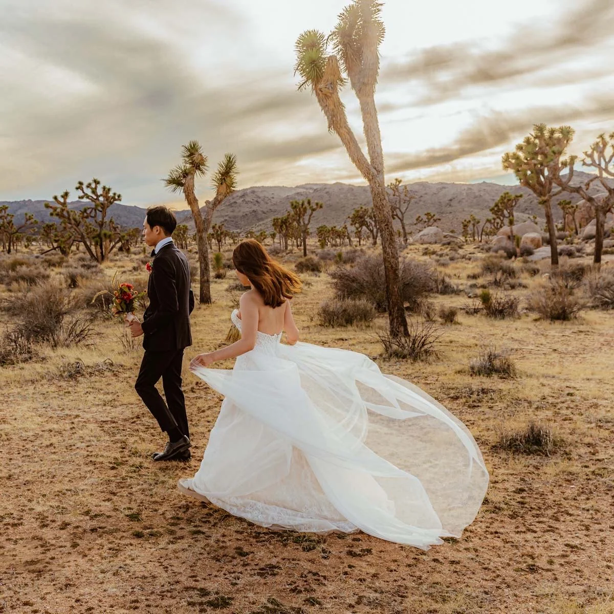 ジョシュアツリー国立公園の夕暮れ時に風にドレスをなびかせながら歩く新婦のウェディング写真