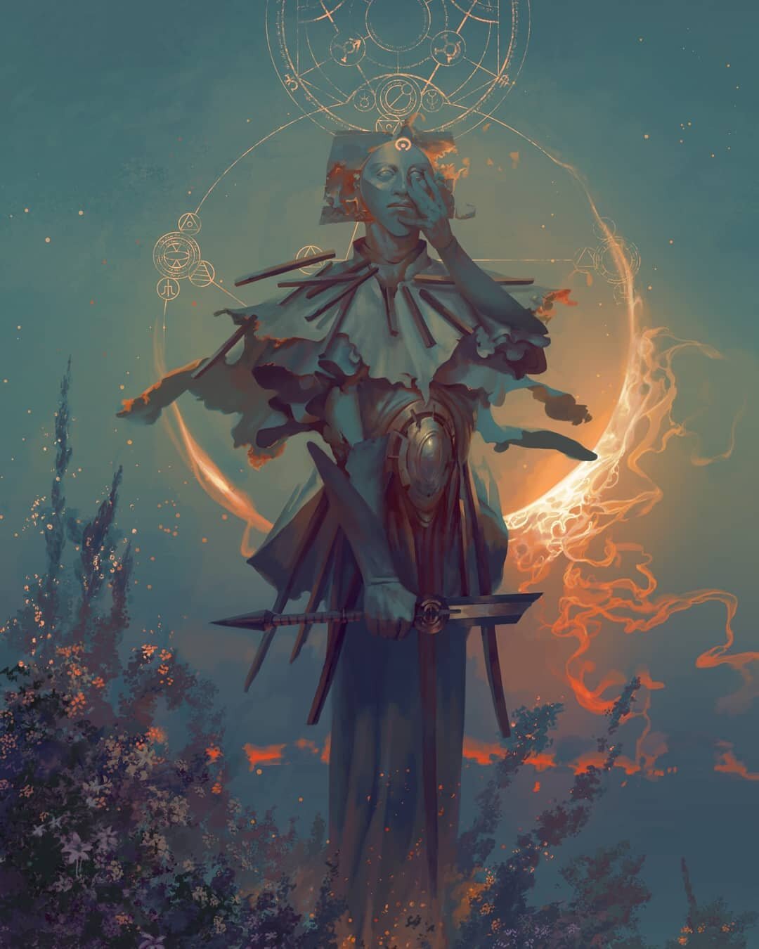 Samshiel, Angel of the Eclipse🌙 Swipe for details➡️ Last frame is by @aoxenuk😍
.
When the warm months brought work in the fields, Samshiel would head the effort. It was easy to spot him out there, his great stature loomed above the other workers, b