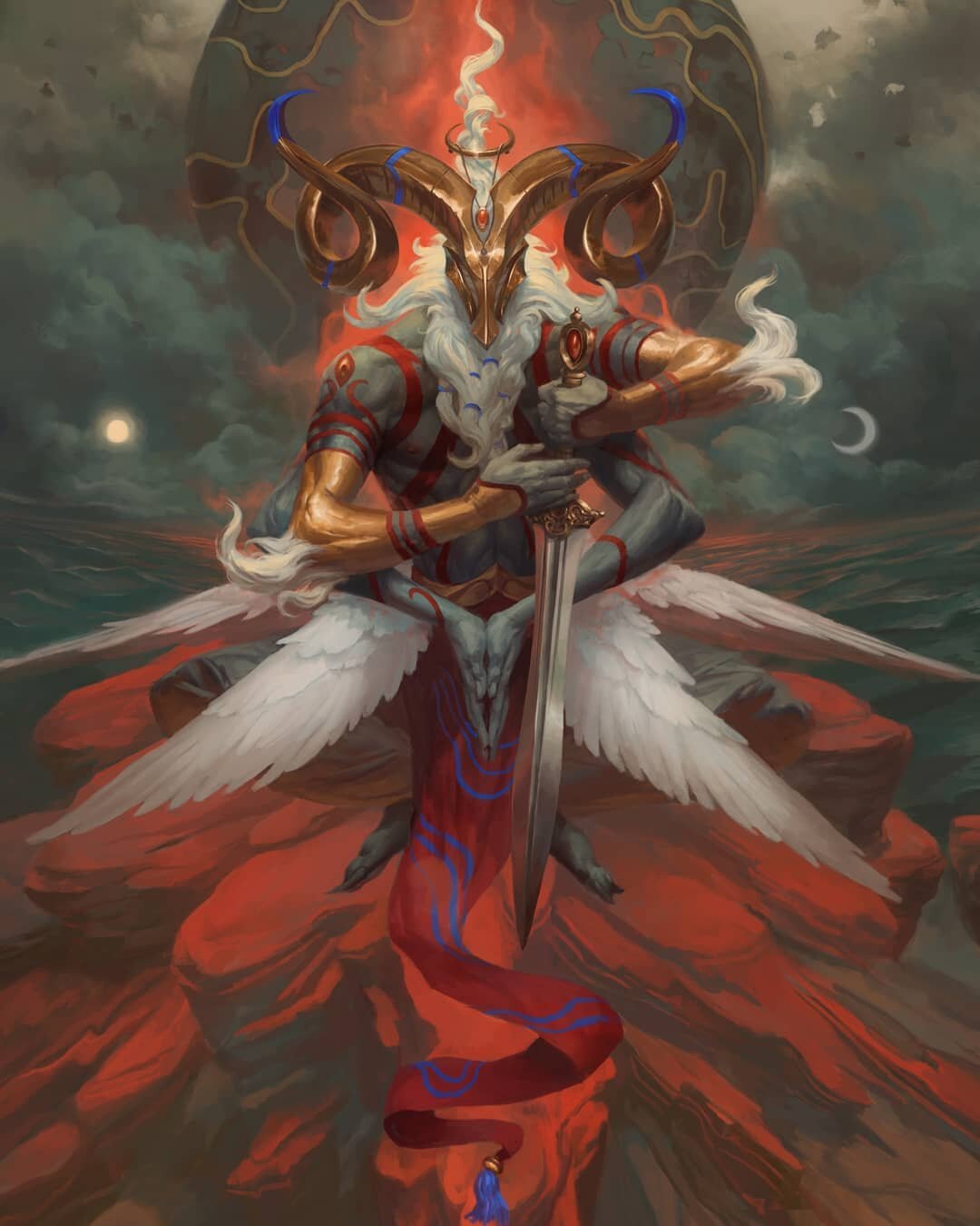 Malahidael, Angel of Aries ♈️ Swipe for details, original sketch, and value phase➡️ Only two days left of AngelCon - get this print, link in bio 🐐
.
THE INSTIGATOR
.
The moment before we act, there must be an impulse to begin. Sometimes this force c