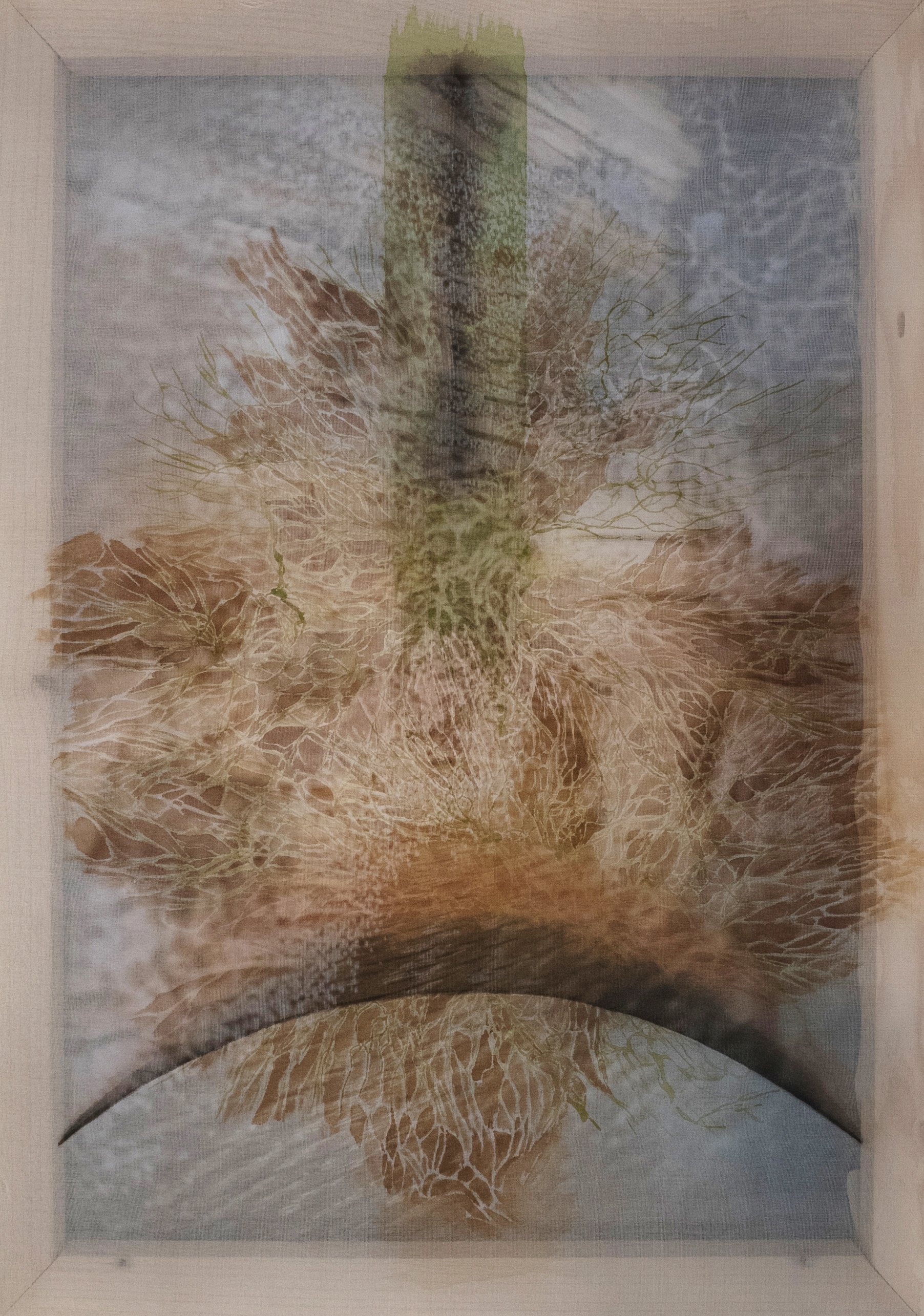    Circulations 2  . 2021. Ink and watercolor painting on silk, inkjet pigment print on archival paper.  50 x 35 x 3.5 cm   