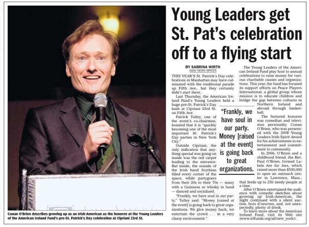  NY Daily News article about the American Ireland Fund's Young Leaders' St. Patrick's Day celebration. 