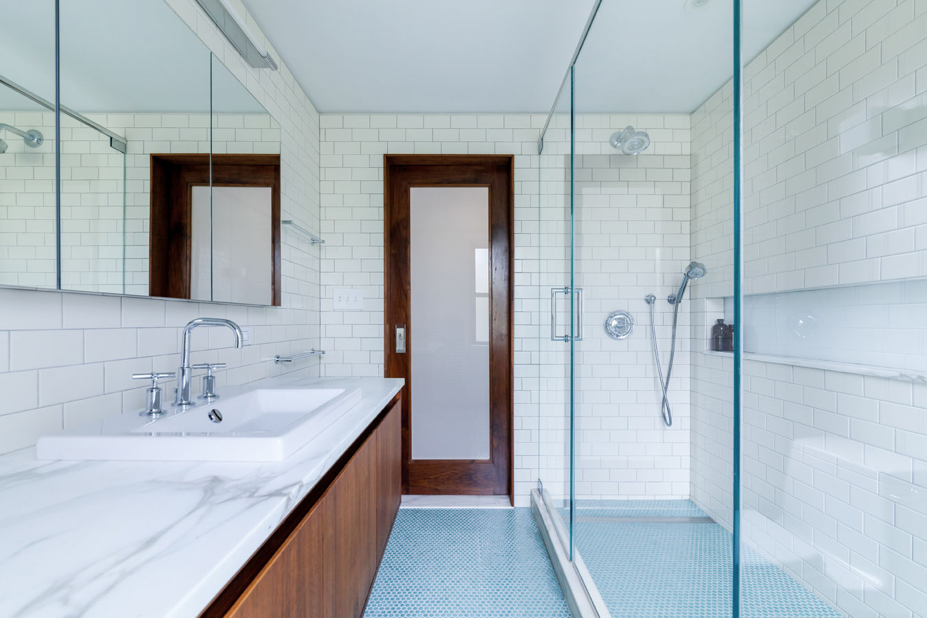 Rain Bath, Brooklyn New York - Bathroom Renovation Blue Tiles