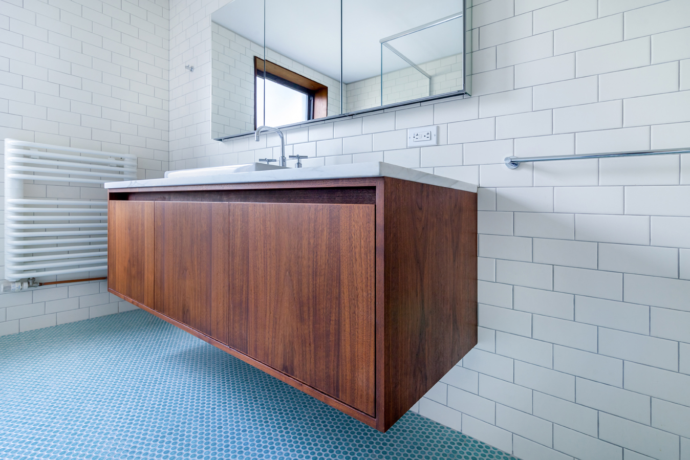 Rain Bath, Brooklyn New York - Bathroom Renovation White and Blue Tiles