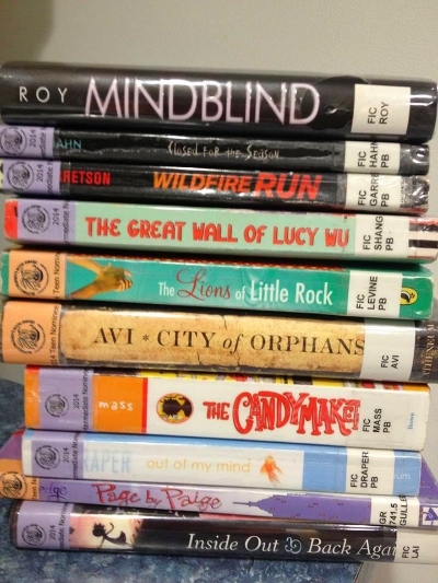 Every year, Connecticut nominates 10 books per category (high school, teen, intermediate, and elementary) for kids to read and vote on for the Nutmeg Award . I run a reading program called Team Nutmeg and I host a voting breakfast for kids who have read six or more. Here's a stack of Nutmeg books.