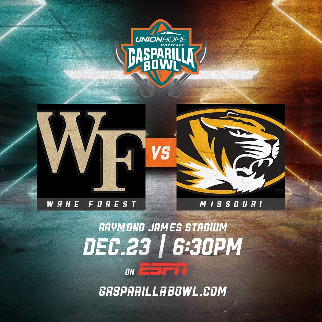 Just announced! The teams playing in the 2022 @UnionHomeMtg @GasparillaBowl will be @WakeFB &amp; @MizzouFootball! 🏈
