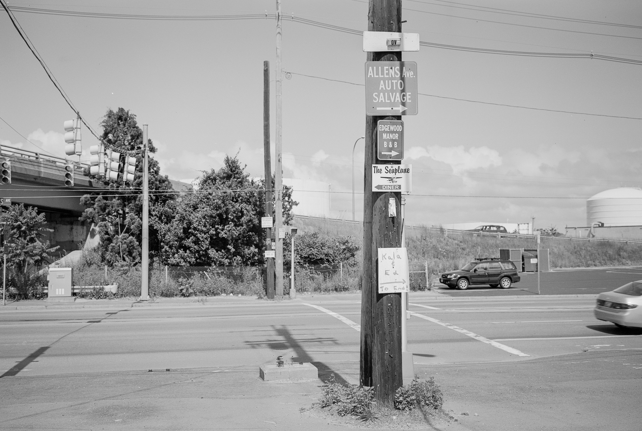 Allens Ave, June 2006. 120 Ilford HP-5+ // Signage and signal boxes aren't what they used to be.