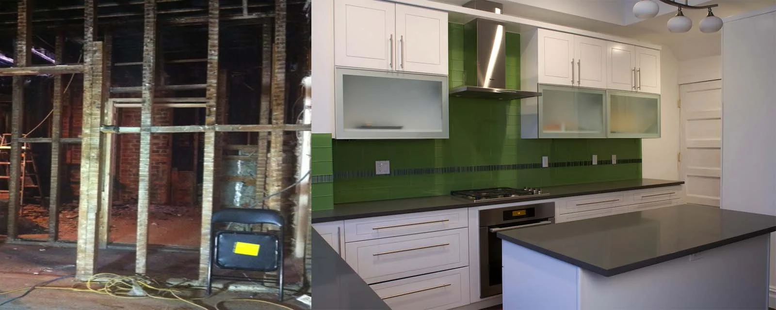 Historic Brooklyn Building Gut Renovation: This project involved the complete gut renovation of a historic single-family brownstone in Prospect-Lefferts Gardens. Because the home had been built in the 1860s, we were charged with the responsibility of updating the building so as to satisfy current codes and regulations. This involved the removal of partitions, walls, and furnishings as well as the implementation of electrical work, new flooring, wiring, and more. All cabinetry and tile work was custom-made and we re-purposed old flooring to make panels for walls, as well. Click the photo for a full gallery of images.