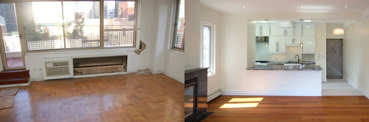 Penthouse Renovation: Here we completed an entire gut renovation of a Manhattan penthouse, stripping it of its old floors and cooling/heating systems. We replaced the space with modern, up-to-date finishes and hardware, transforming the space from a drab, out-dated living space to a bright, stylish home. Click on the photo for more photos.