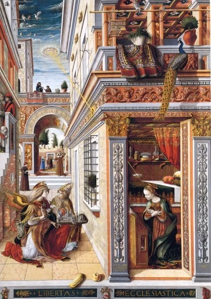 This painting is by Carlo Crivelli (1430-1495) and is called "The Annunciation with Saint Emidius" and hangs in the National Gallery, London. A disk shaped object is shining a beam of light down onto the crown of Mary's head.