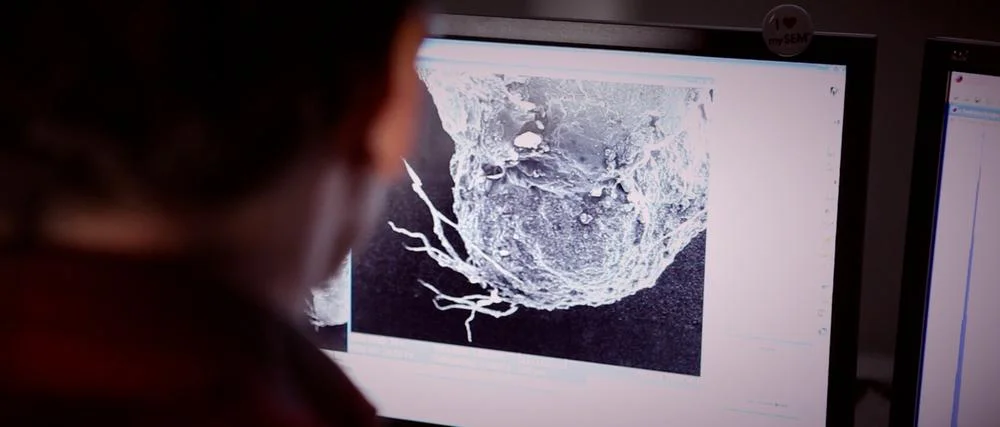 Leir and his associates examine images of the object after it is analyzed with an electron microscope.
