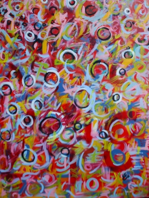 Every Which Way - 2016 30x40" *SOLD* With this adventure of Peace Is Abundant as a journal these large canvases are a spray of color and movement. Something is moving inside this artist so I suspect something moves within my art as well. 