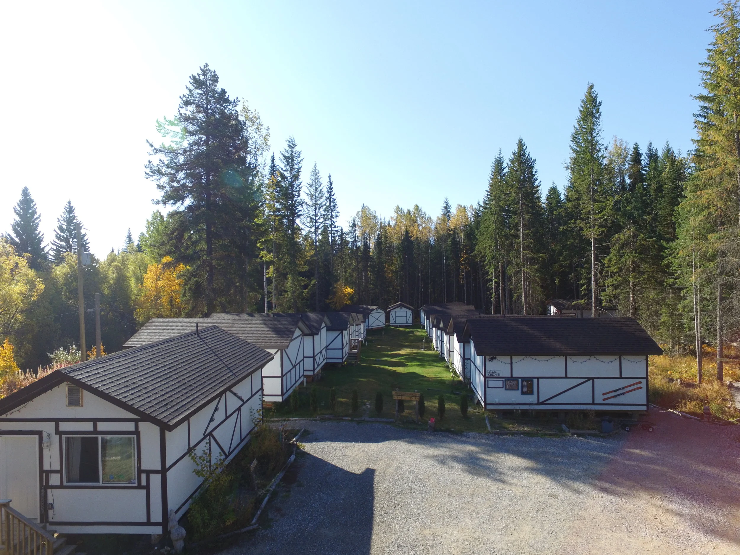 The cabins and parking lot