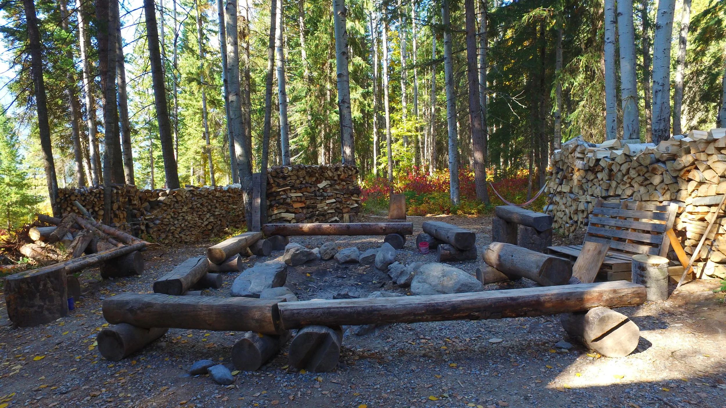The camp fire area and wood supplies