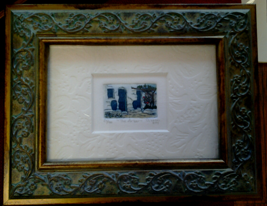 "The Arbor" original hand-colored etching by Deborah Hiner - $32 (6" x 4")