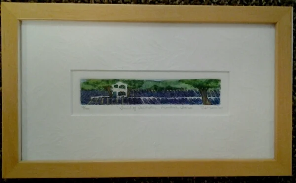 "Field of Lavendar - Provence, France" original hand-colored etching by Deborah Hiner - $48 (9" x 5")