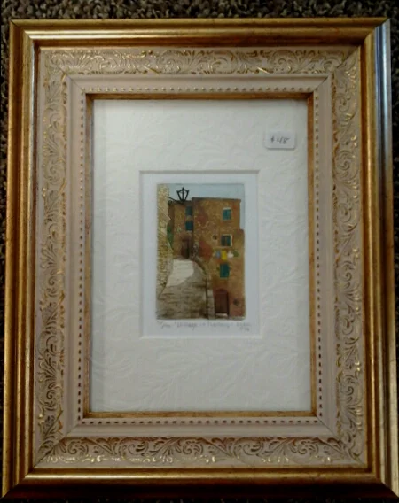 "Village in Tuscany" original hand-colored etching by Deborah Hiner - $48 (8" x 10")