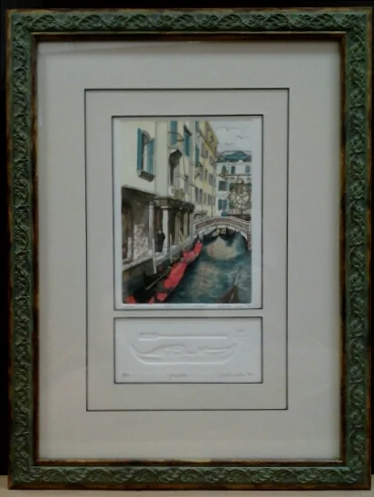 "Afternoon in Venice" original hand-colored etching and embossing by Deborah Hiner - $115 (13" x 19")