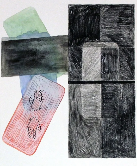 Briony Galligan, Hands Free (detail), 2015, Screenprint, watercolour, pencil on paper