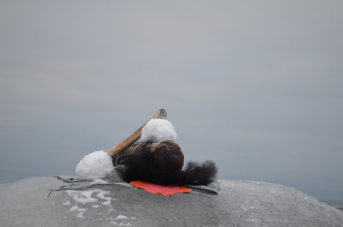 John Brooks, Temporary Blob Stack 1 , 2016, salmon leather, crushed velvet, sheep skin, snow, bone
