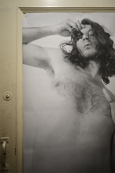 Installation details of 'Sleep and His Half-Brother Death' by Jake Treacy, inkjet print, mirror and blu-tac, 2016