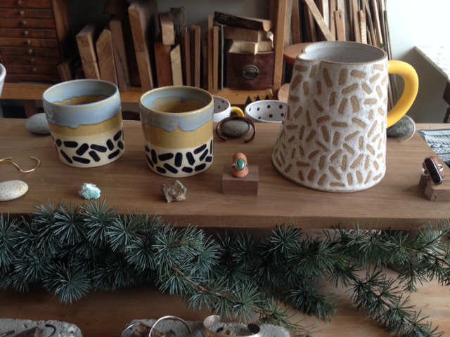  Jewelry by Nick Lundeen, Tumblers and Pitcher by Josephine Heilpern 