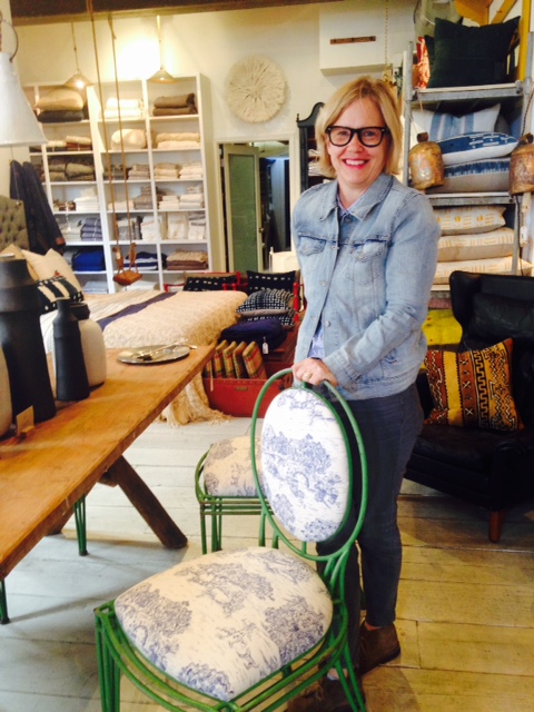 At Nickey Kehoe, the best store in L.A., with toile dining chair.