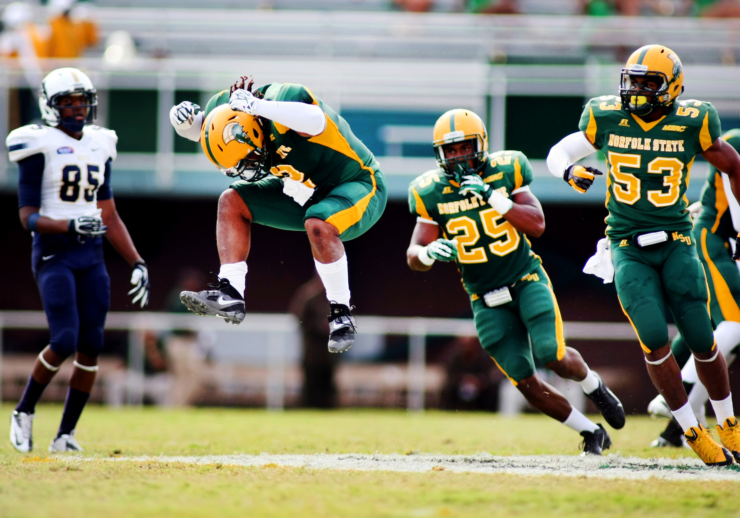 Norfolk State's Mike Privott jumps in the air to celebrate after sacking Charleston Southern quarterback Malcolm Dixon.