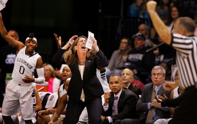 ODU Lady Monarchs head basketball coach, Karen Barefoot, reacts to an officials call late in the second half of their 63-46 loss at the Constant Center in Norfolk