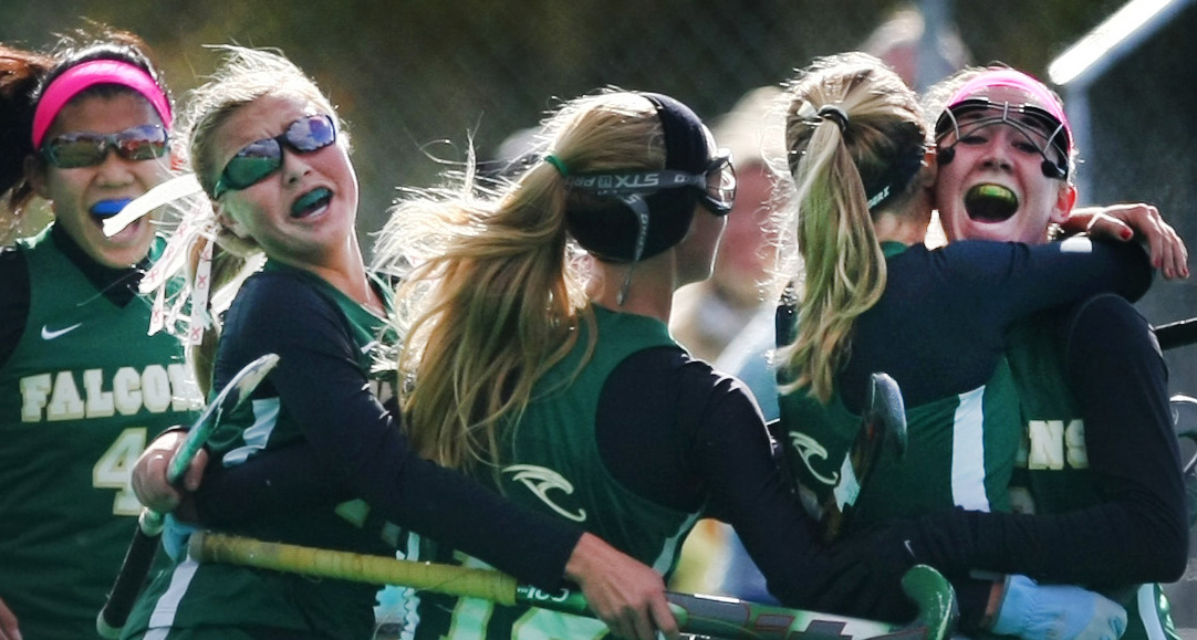 The Cox Falcon's celebrate their 18th State field hockey title after beating First Colonial 1-0, Saturday, Nov. 16, 2014 at the National Training Center in Virginia Beach. (Jason Hirschfeld | For The Virginian-Pilot)