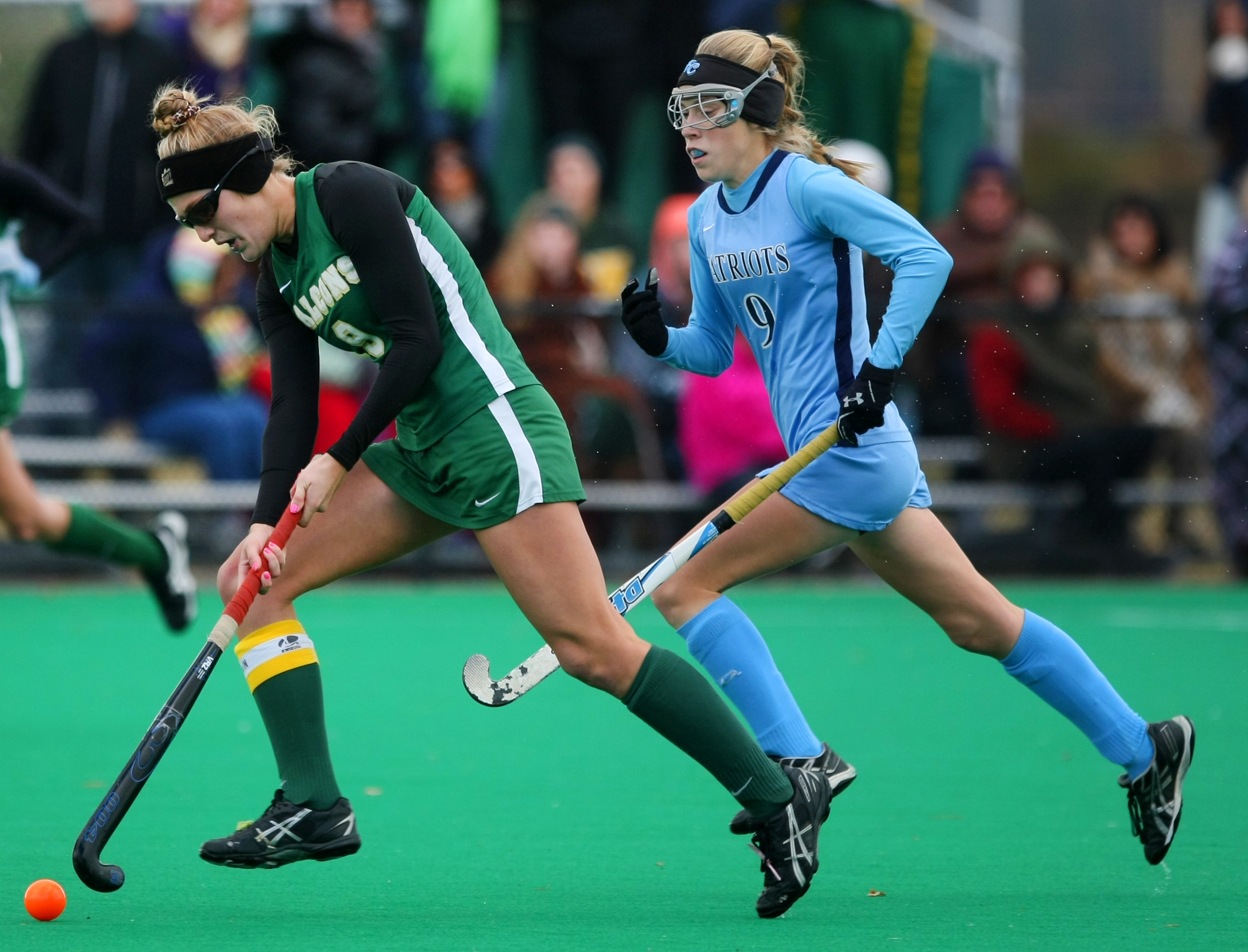 Cox's Emma Haupt, left, advances the ball as First Colonial's Michele Taylor gives chase during first half action of Cox's 1-0 win to claim their 18th State title, Saturday, Nov. 16, 2014 at the National Training Center in Virginia Beach. (Jason Hirschfeld | For The Virginian-Pilot)