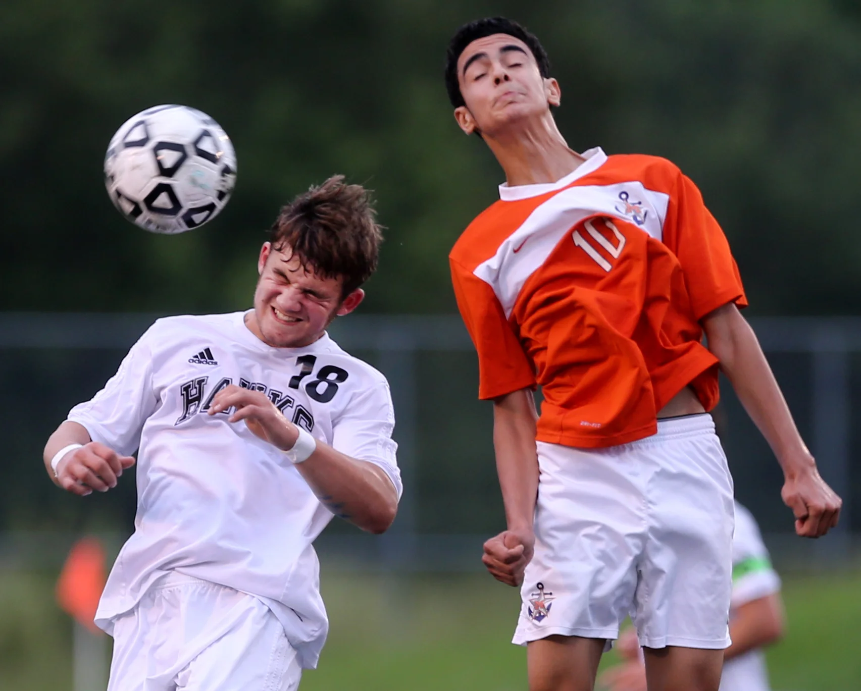 Hickory's Daniel Eads, left, and Maury's Ali Jammi vie for a header during the Hawks' 2-0 win to advance in the Group 5A South Region semifinals, Wednesday, June 1, 2016 at the Sportsplex in Virginia Beach.
