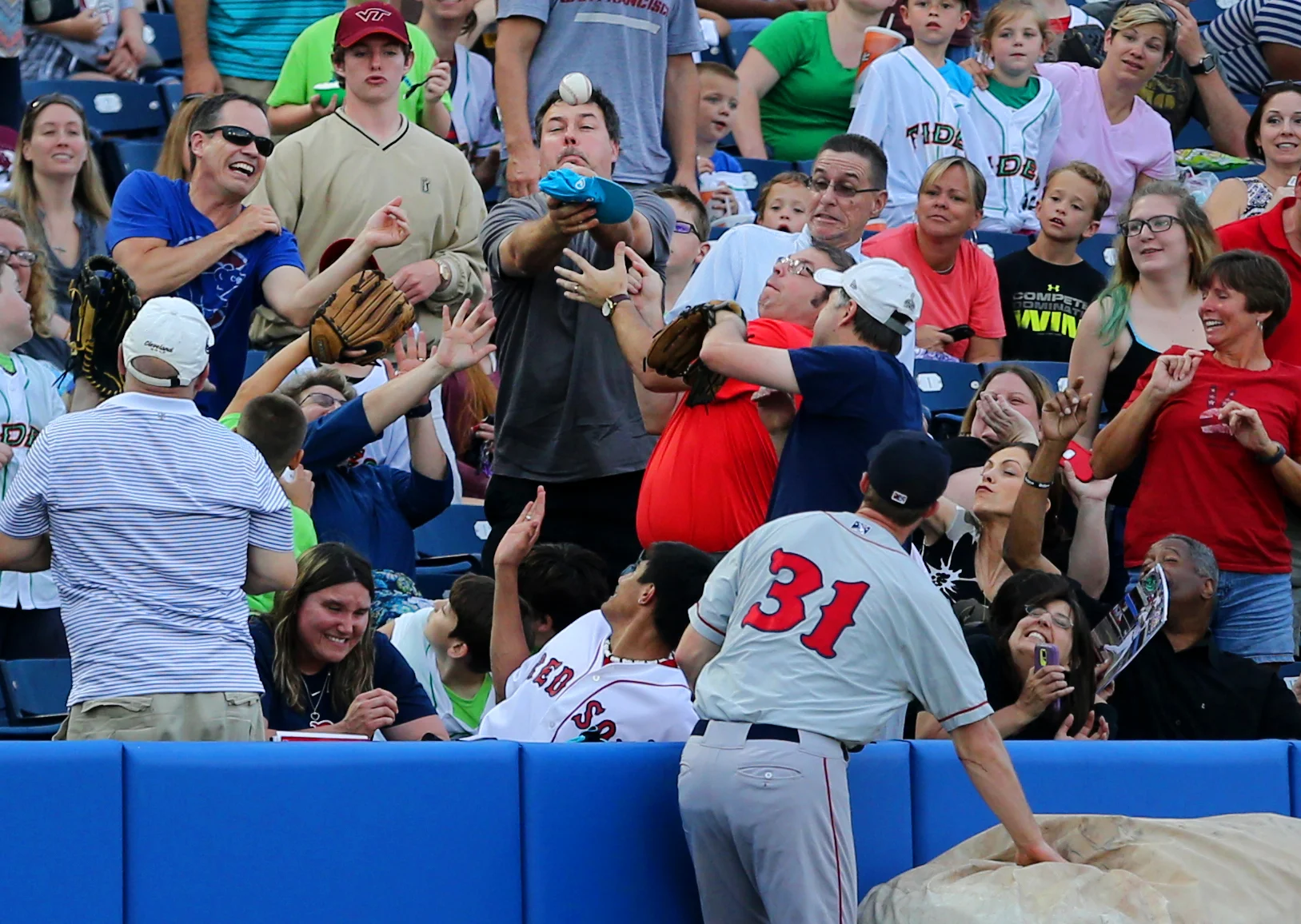 Pawtucket third baseman Jantzen Witte runs out of room on a foul ball off the bat of Norfolk's Christian Walker, Friday, June 3, 2016 at Harbor Park in Norfolk.