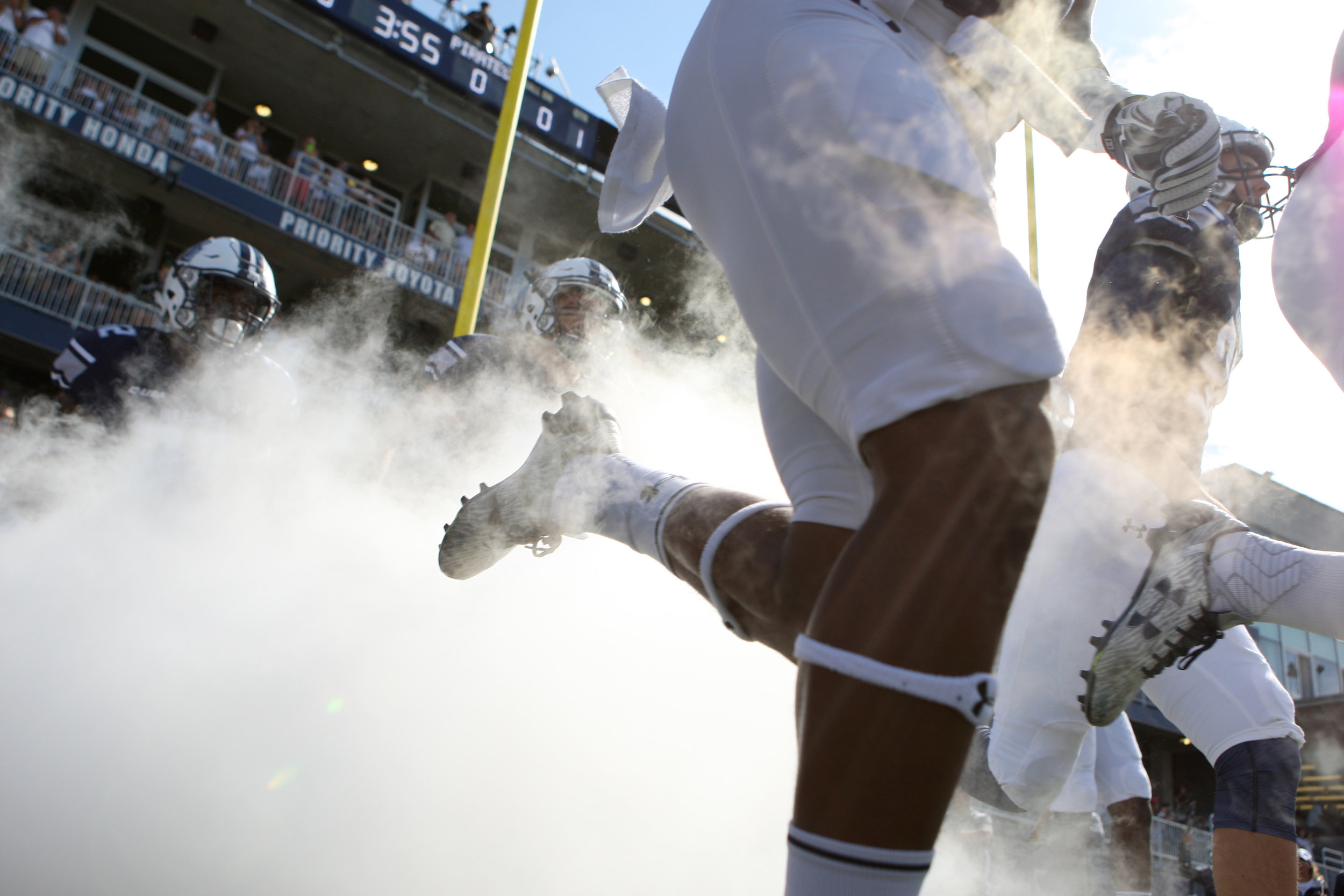 The Old Dominion University football team runs out on the field to the 40th consecutive sellout crowd prior to the start of ODU's 54-21 win, Sunday, Sept. 4, 2016 at Foreman Field in Norfolk. (Jason Hirschfeld | The Virginian-Pilot)