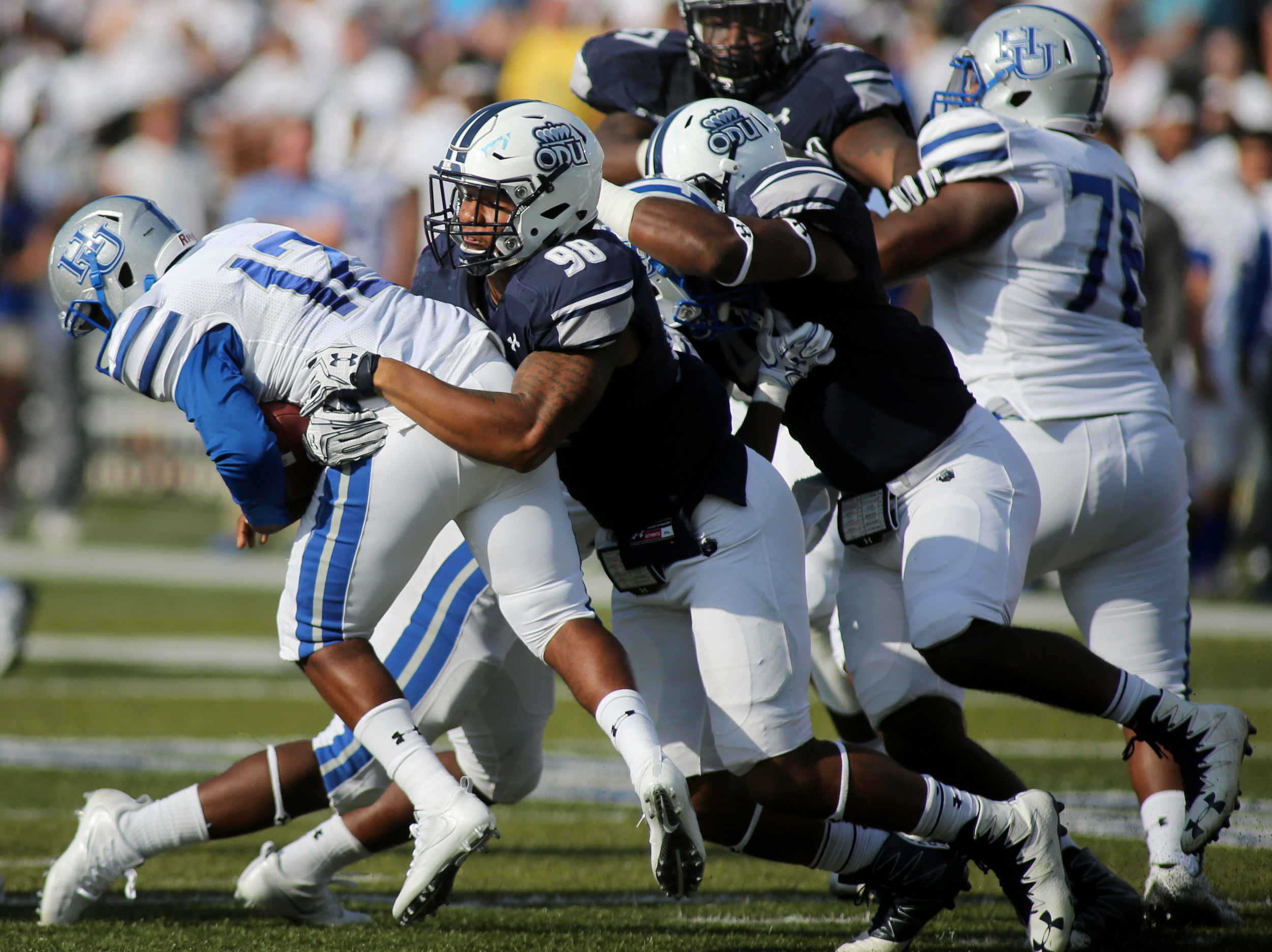 Old Dominion's Oshane Ximines sacks Hampton quarterback Jaylian Williamson in the third quarter of ODU's 54-21 win, Sunday, Sept. 4, 2016 at Foreman Field in Norfolk.