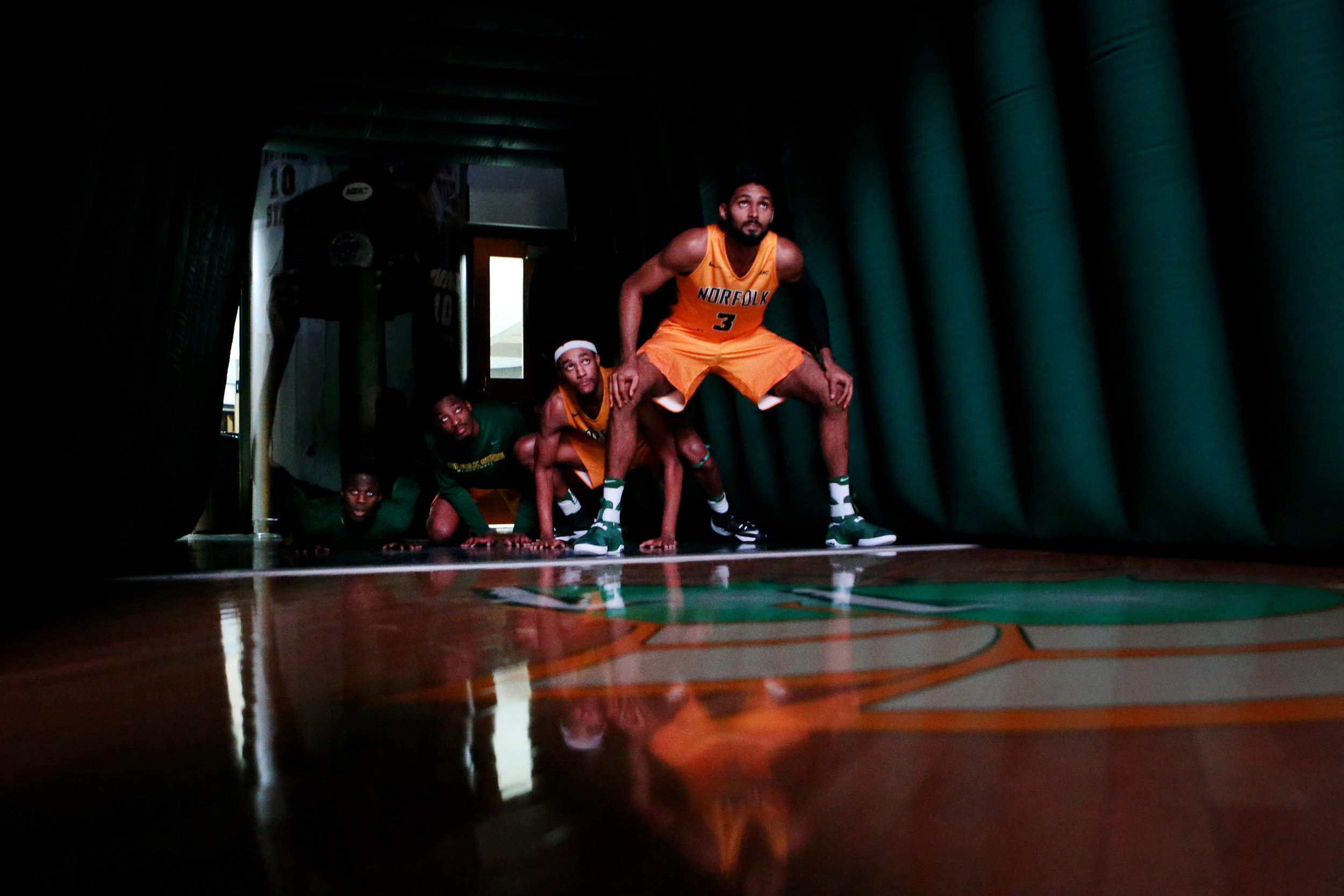 The Norfolk State University men's basketball team waits in the tunnel to be introduced prior to the start of their home opener against Shenandoah, Sunday, Nov. 13, 2016 at Echols Hall in Norfolk. 