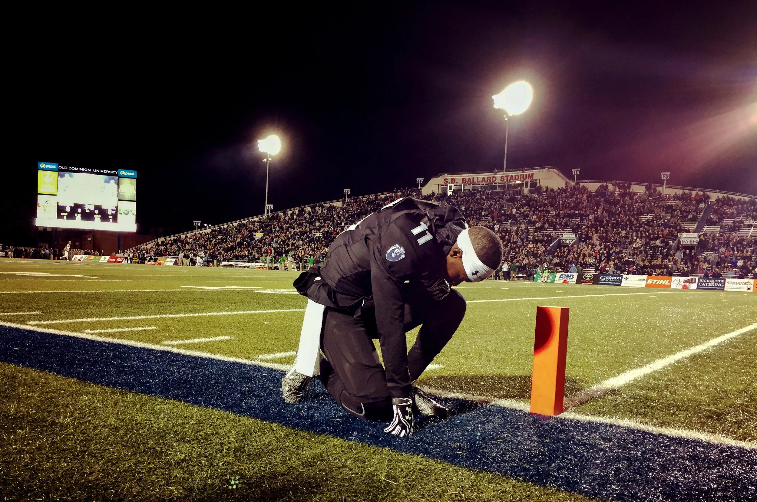Old Dominion's Brandon Addison takes a moment before the start of the their game against Marshall, Saturday, Nov. 5, 2016 at Foreman Field in Norfolk. 