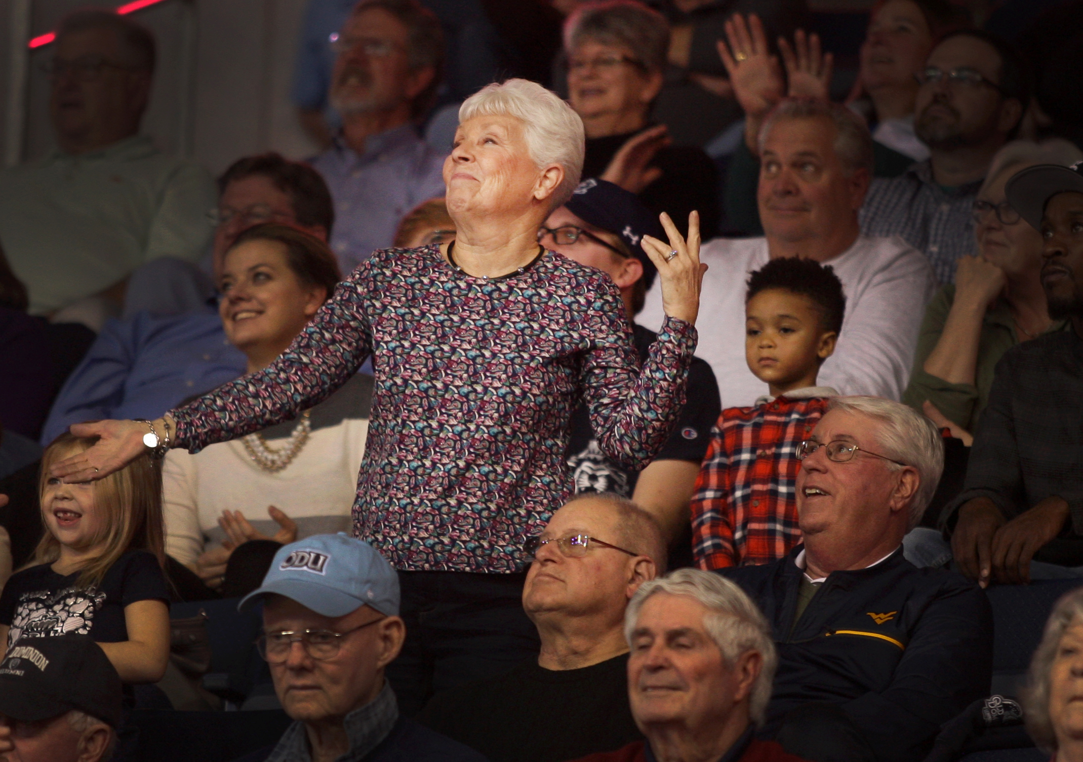 ODU superfan Gail Shumate dances to 'Ice cream and cake' during a Monarchs game, Saturday, Jan. 12, 2017 at the Constant Center in Norfolk. 