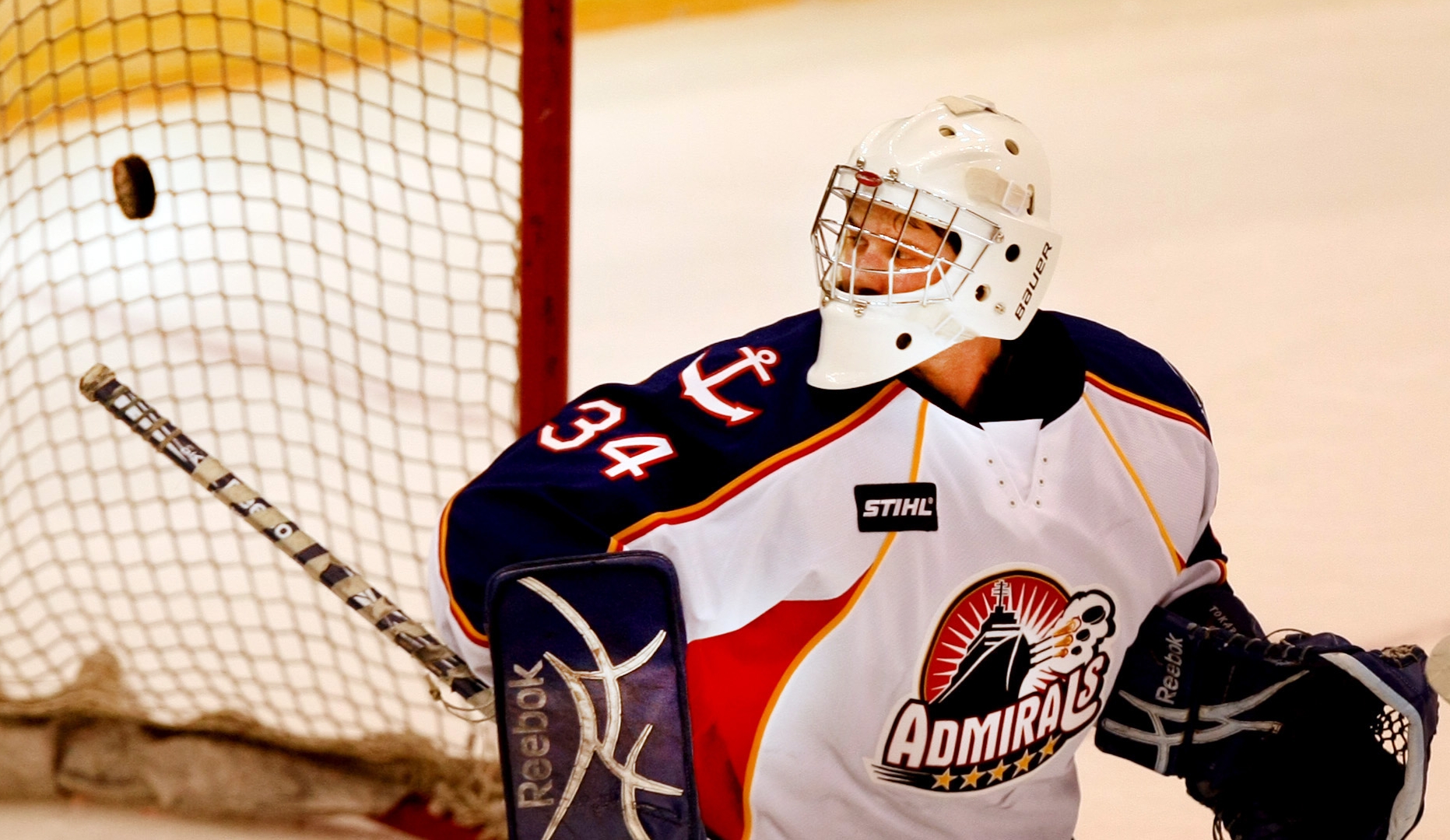 Admirals goalie Dustin Tokarski watches the puck go into net for a Wilkes-Barre/Scranton goal to tie the game at two at Scope in Norfolk.