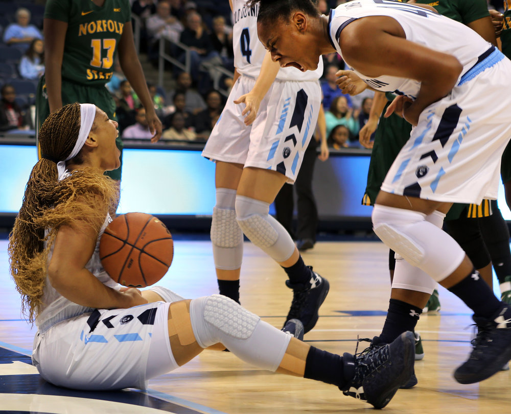 Old Dominion's Destinee Young, right, reacts to Jennie Simms at the Constant Center in Norfolk.