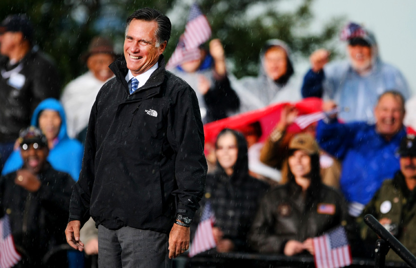 Presidential candidate Mitt Romney reacts to the crowd during a campaign stop, Monday, Oct. 8, 2012 in Newport News, Va.
(AP Photo/Jason Hirschfeld)