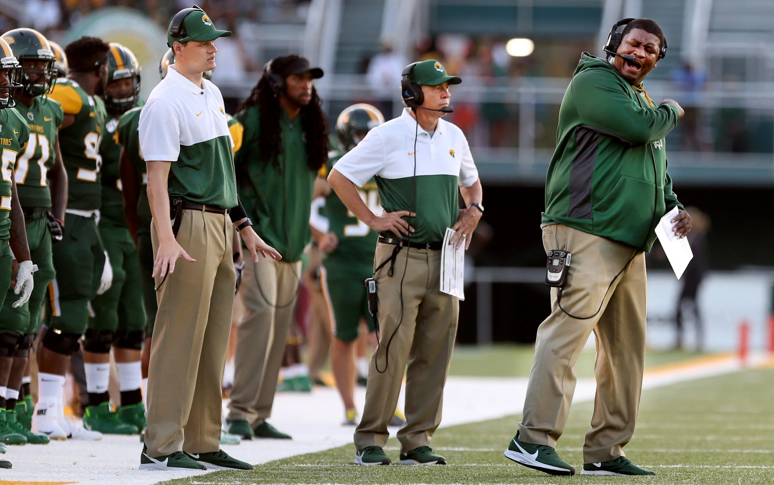 Norfolk State head coach Latrell Scott, right, reacts to an officials call in a game against Virginia State, Saturday, September 7, 2019 at Dick Price Stadium in Norfolk.