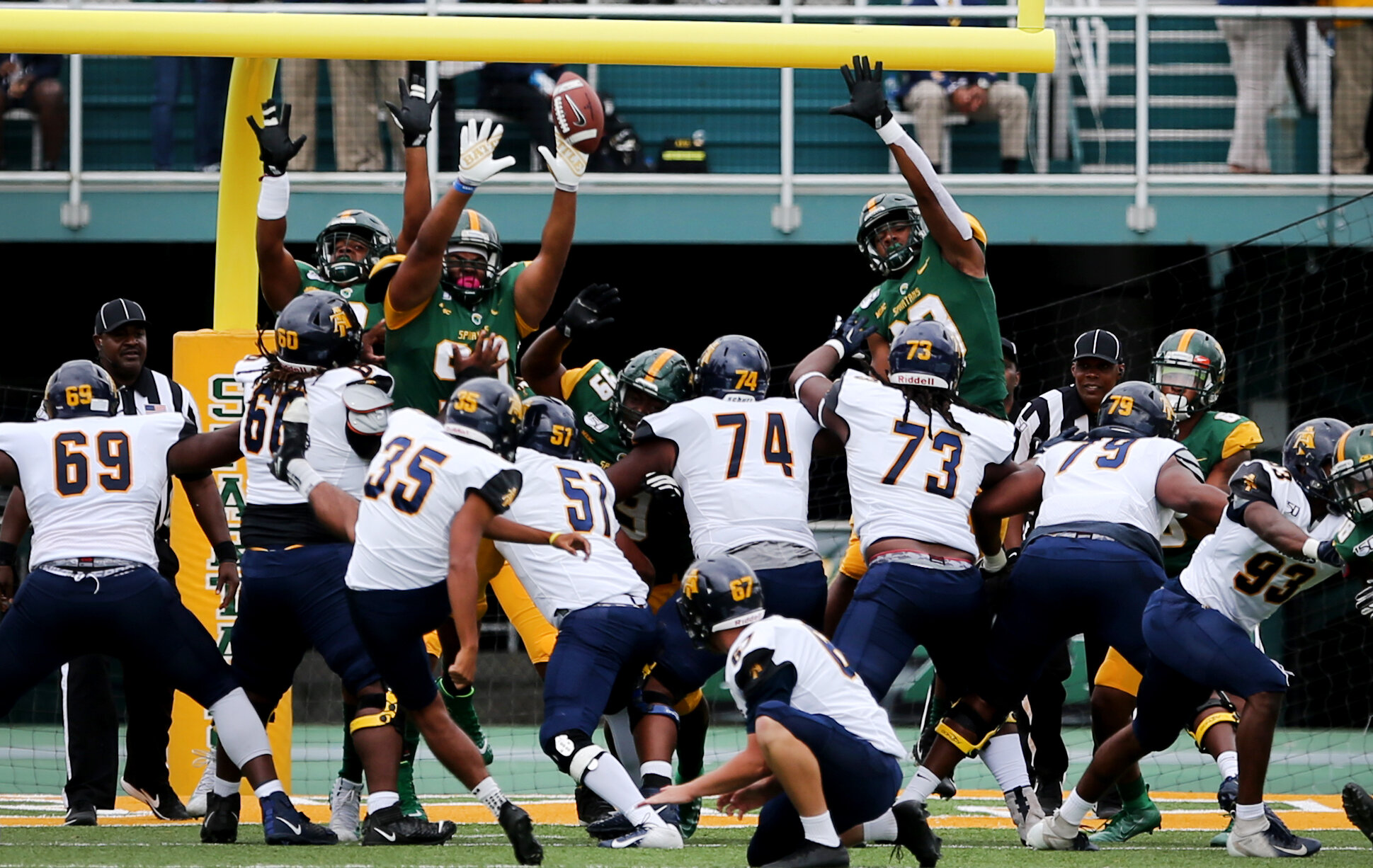 The Norfolk State defense blocks an extra-point attempt during the Spartans’ 59-18 loss to North Carolina A&T, Saturday, October 5, 2019 at Dick Price Stadium in Norfolk.