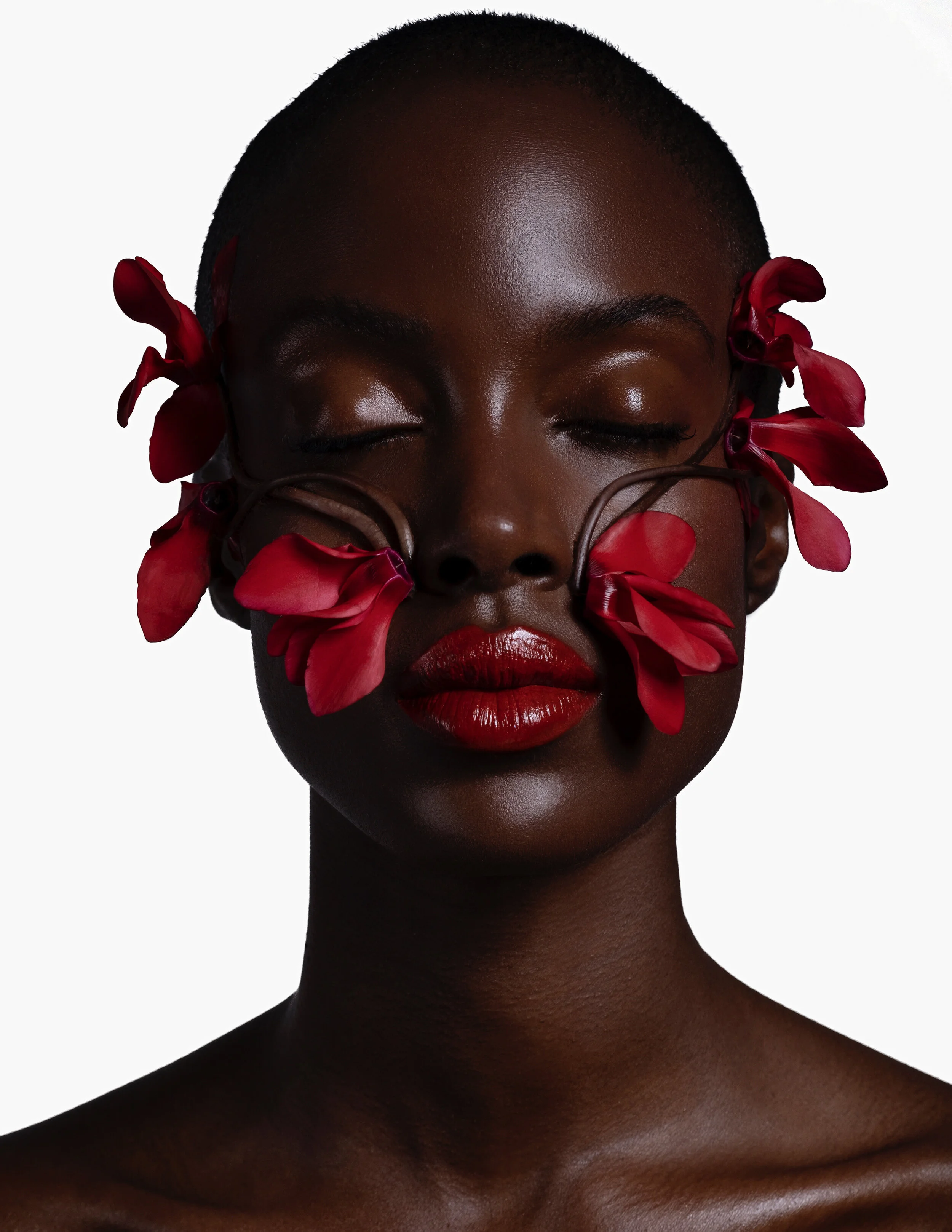 Beauty Makeup, red lip with glossy skin.