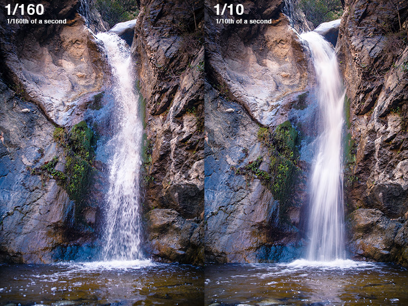 Two images I captured at Eaton Canyon Falls in the San Gabriel Mountains, one at 1/160 and the other at 1/10 of a second shutter speeds.