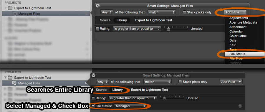 Setting up an Aperture smart album to gather all managed images in your library.
