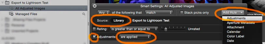 How to create an Aperture smart album that contains all images that have visual adjustments applied. Useful if you want to export copies of the images with editing applied to preserve copies as you edited them, since the adjustment settings will not transfer, and the Lightroom import plug-in can only transfers preview files that are not full quality.