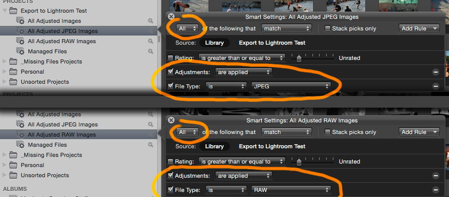 When you add additional rules, if you want images that meet all criteria combined, change the settings to all that match, rather than any. So in each of these cases the smart albums contain only photos that are adjusted and JPEG, or adjusted and RAW, respectively.