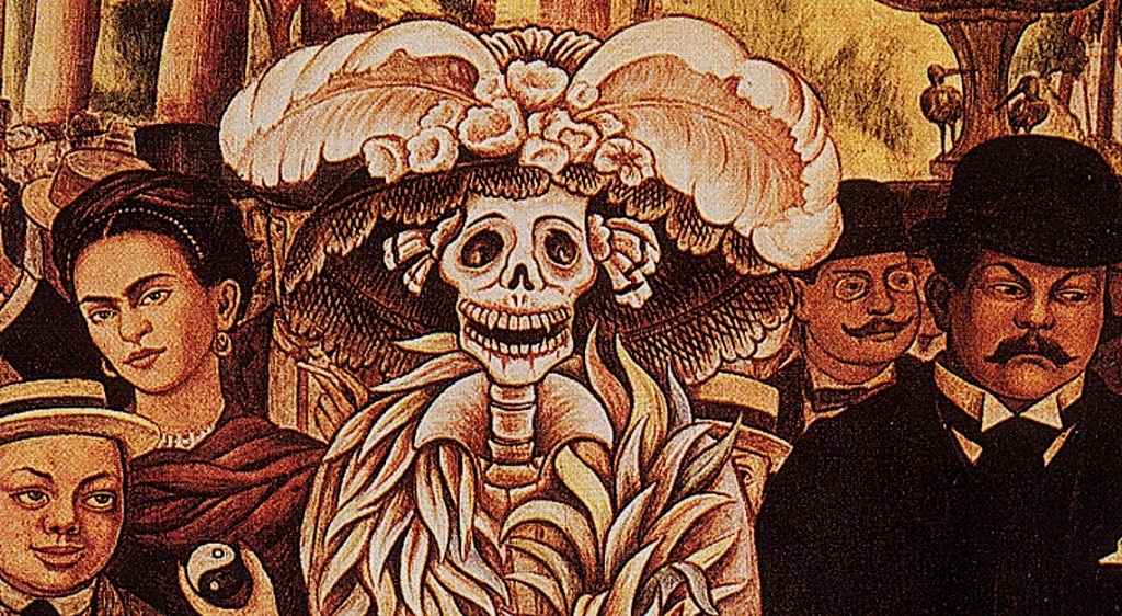  A detail from Dream of a Sunday Afternoon in the Alemeda Central (mural, 1947) by Diego Rivera. Rivera is pictured as a little boy on the bottom left, with his wife, Frida Kahlo, above him, holding a yin and yang symbol.